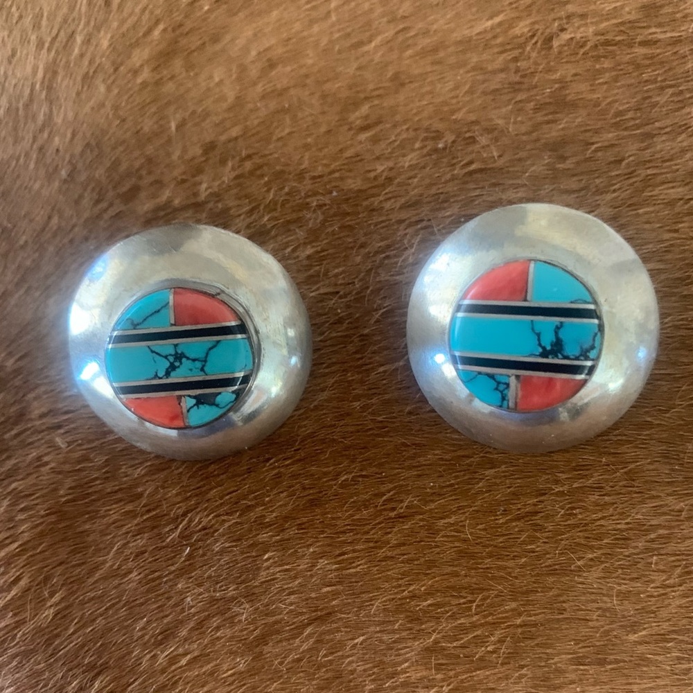 NATIVE AMERICAN STERLING SILVER TURQUOISE / CORAL EARRINGS. - Picture 2 of 4